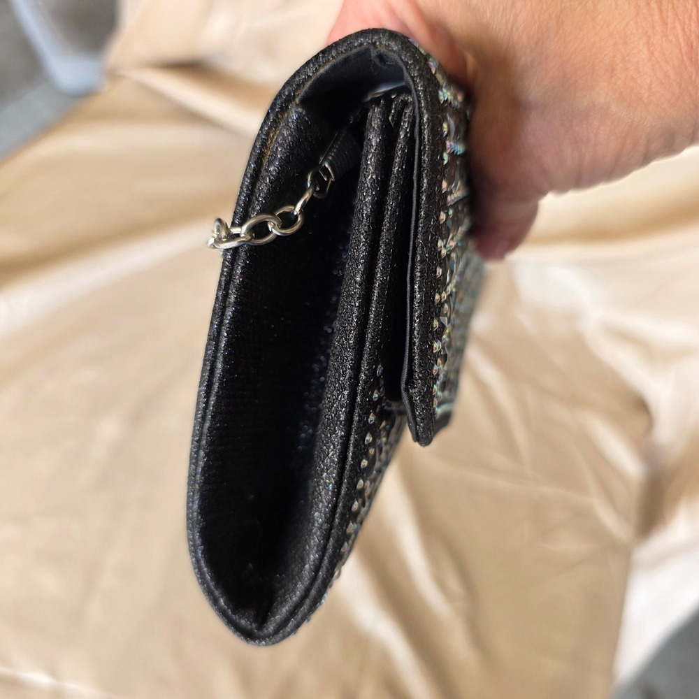 Black Iridescent Rhinestone Evening Clutch Bag with Silver Chain Strap Formal - Picture 10 of 10